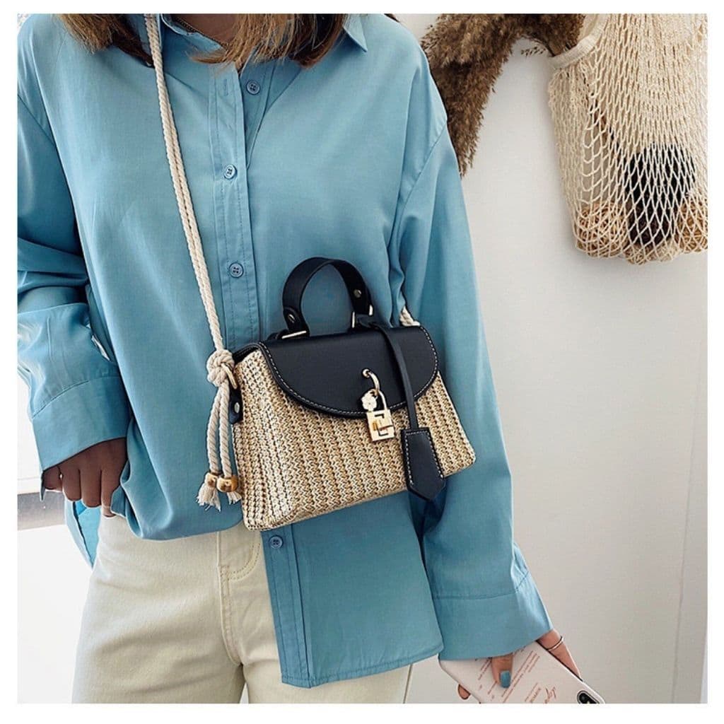 Leather Flap Straw Bag