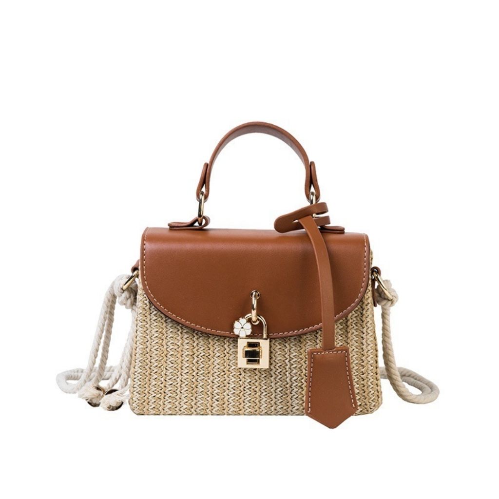 Leather Flap Straw Bag