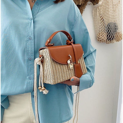 Leather Flap Straw Bag