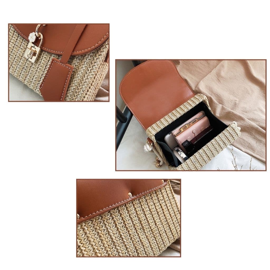 Leather Flap Straw Bag