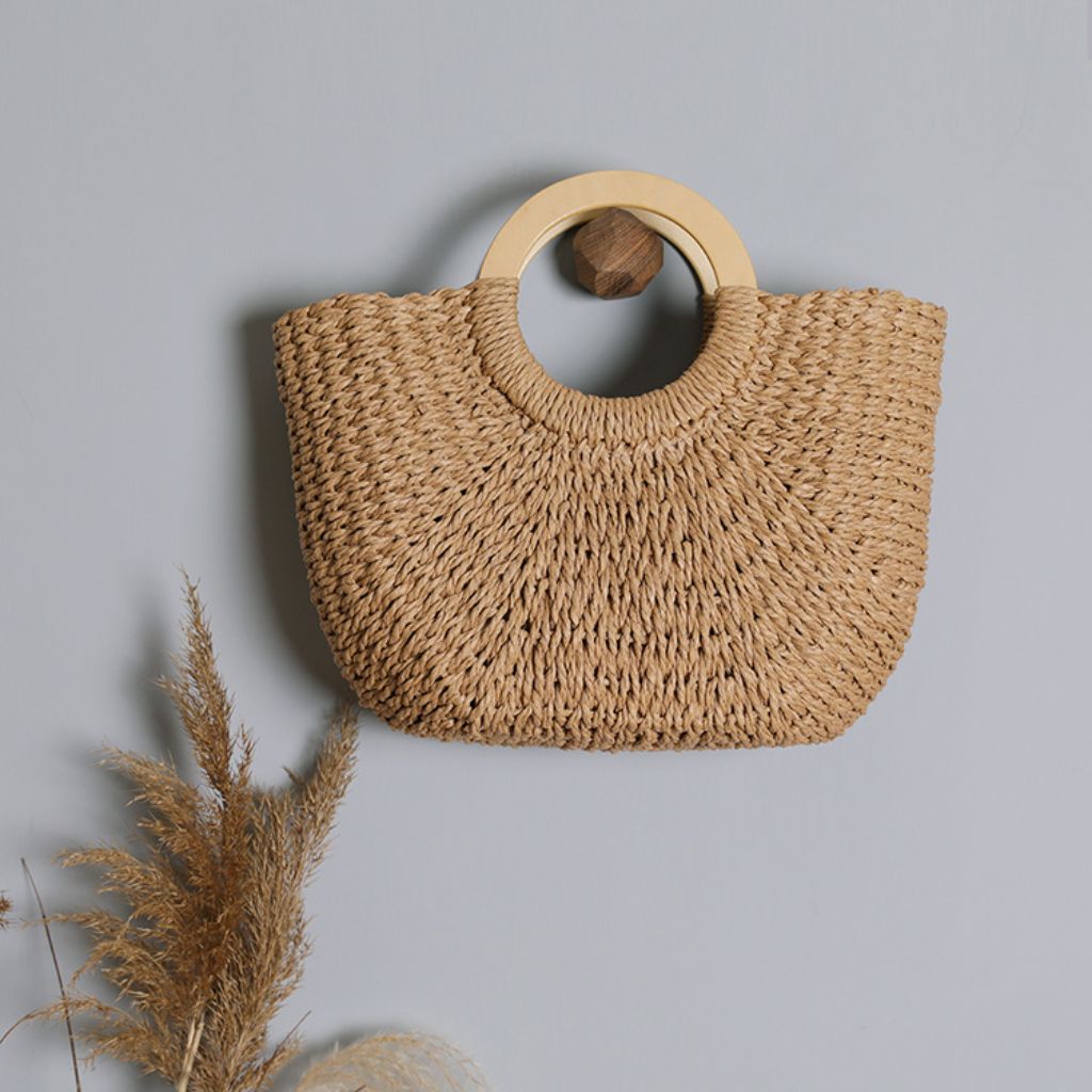 Paper Straw Round Handle Basket Bag