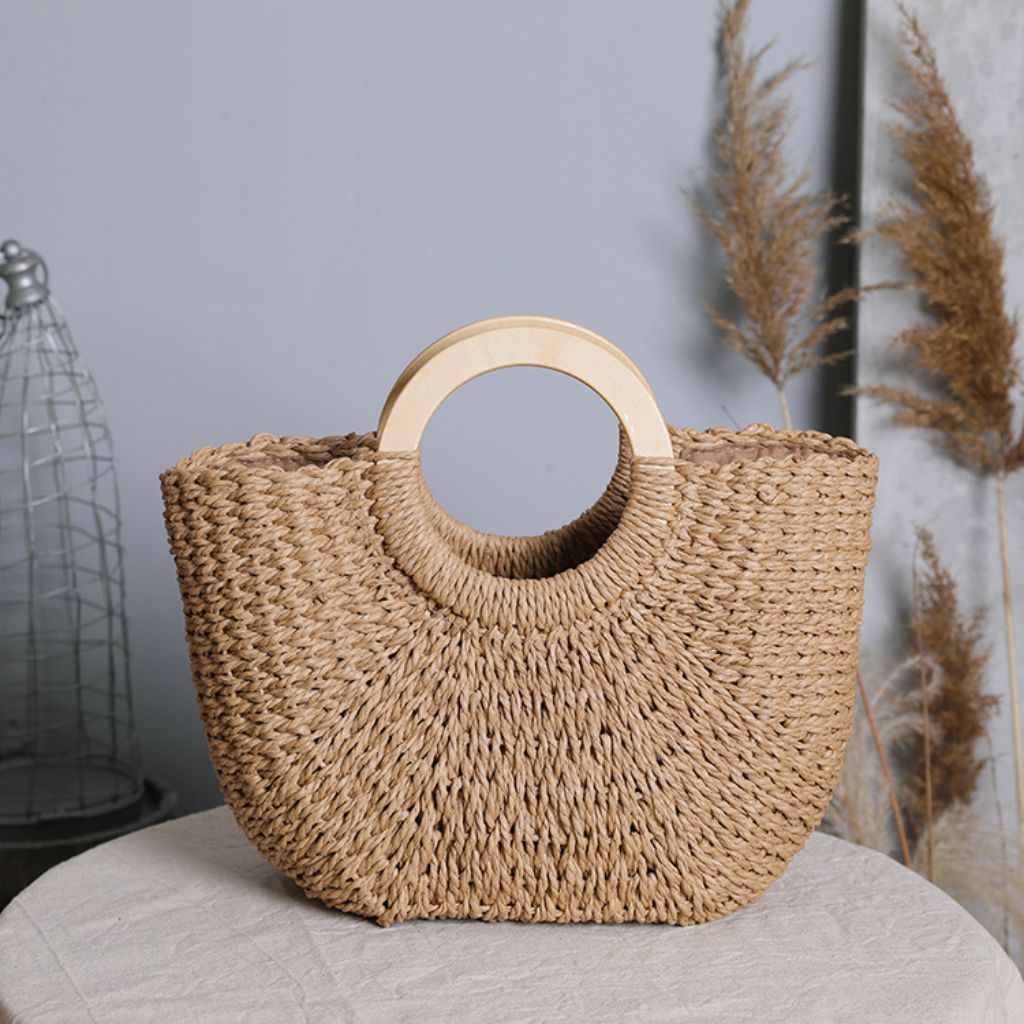 Paper Straw Round Handle Basket Bag