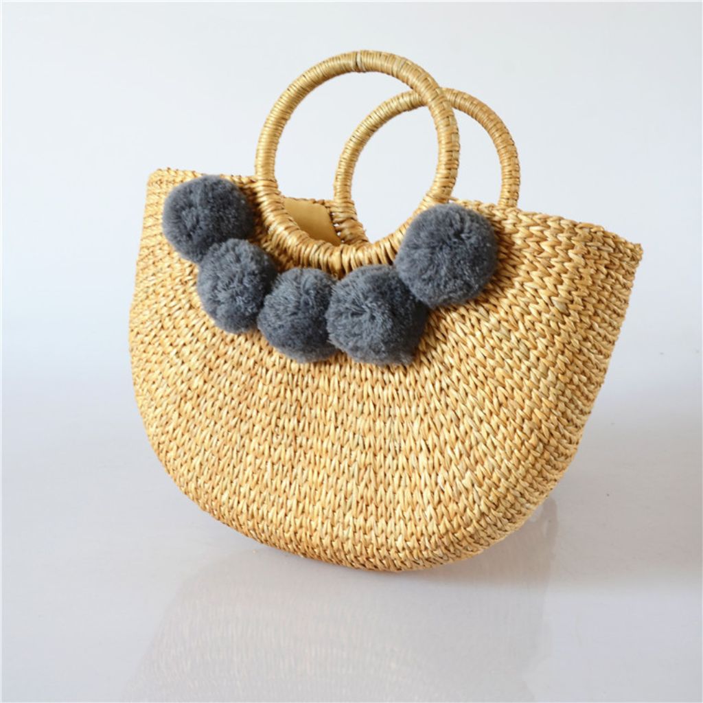 Pom-Pom Seagrass Top Handle Bag