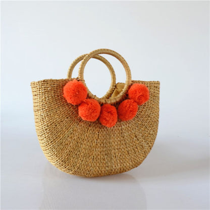 Pom-Pom Seagrass Top Handle Bag