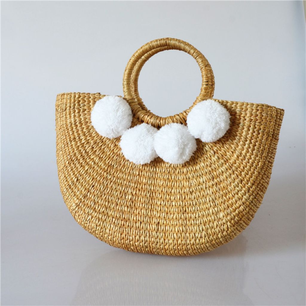 Pom-Pom Seagrass Top Handle Bag