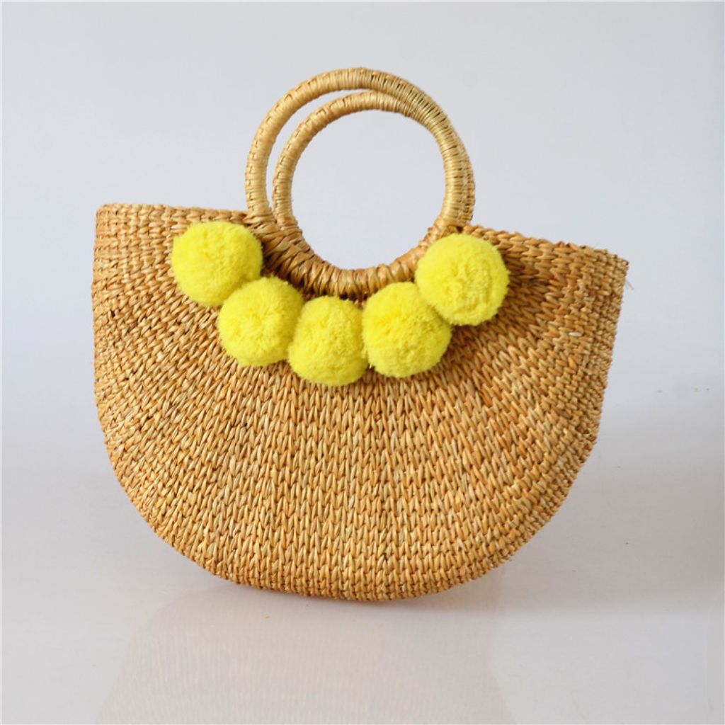 Pom-Pom Seagrass Top Handle Bag