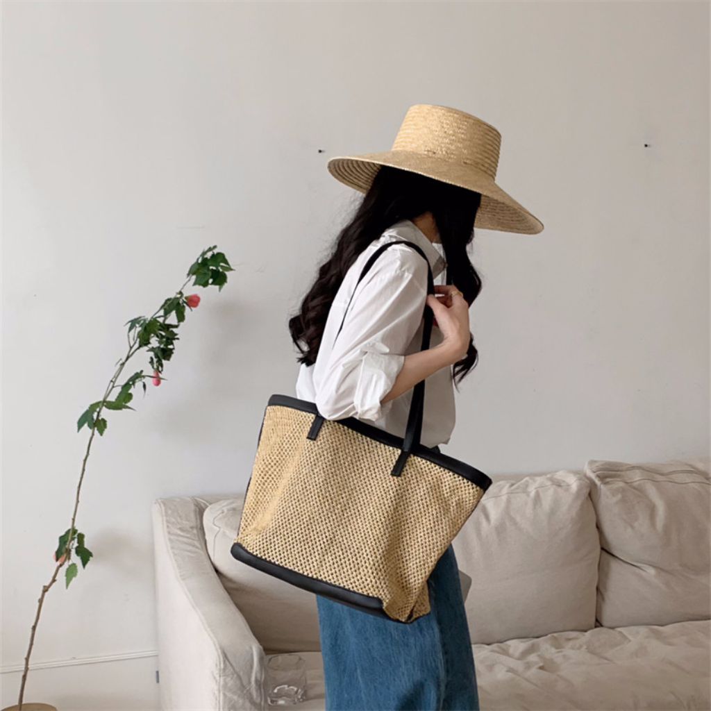 Straw Woven Bag With Leather Trim