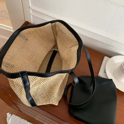 Straw Woven Bag With Leather Trim