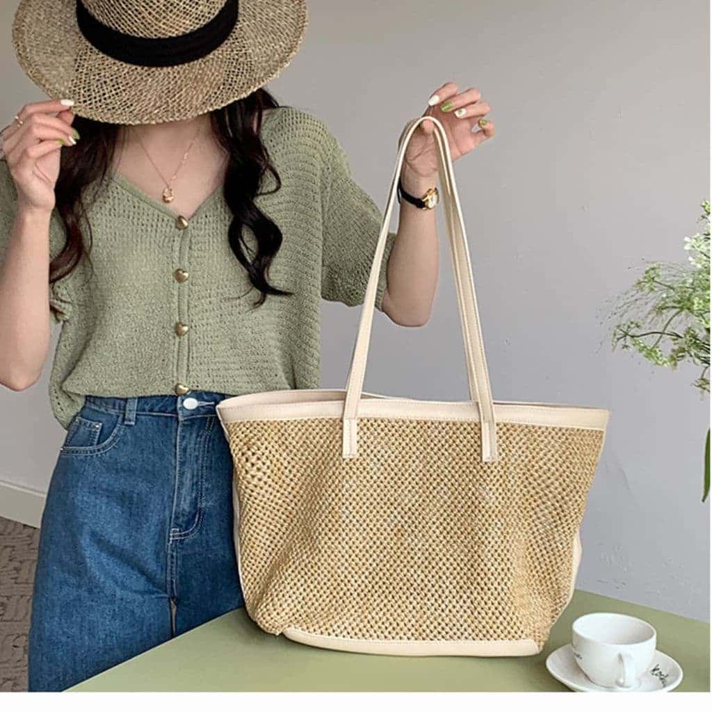 Straw Woven Bag With Leather Trim