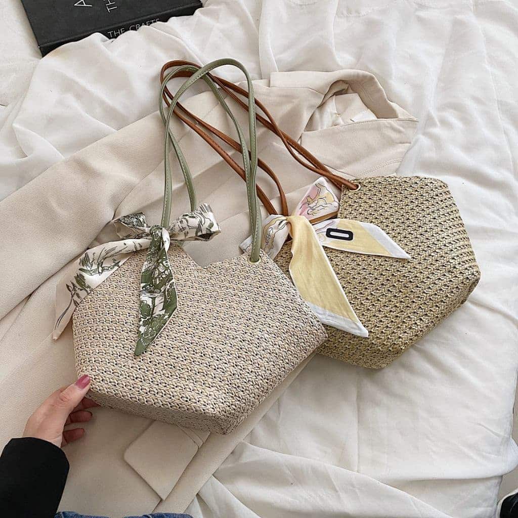 Scarf Decor Straw Woven Bucket Bag