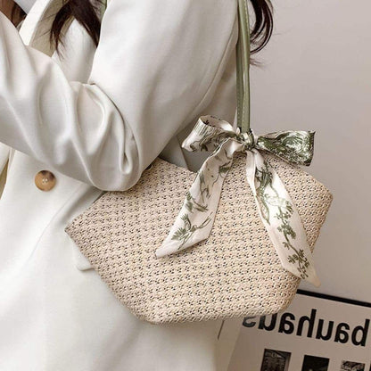 Scarf Decor Straw Woven Bucket Bag