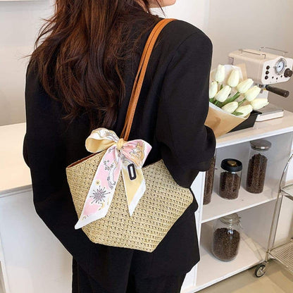 Scarf Decor Straw Woven Bucket Bag