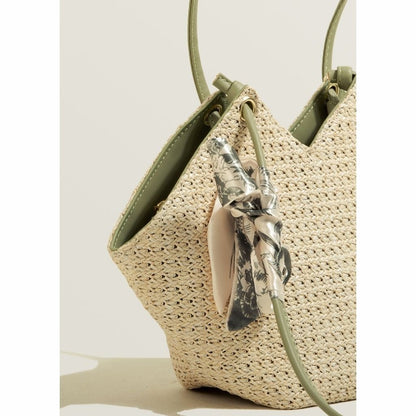 Scarf Decor Straw Woven Bucket Bag