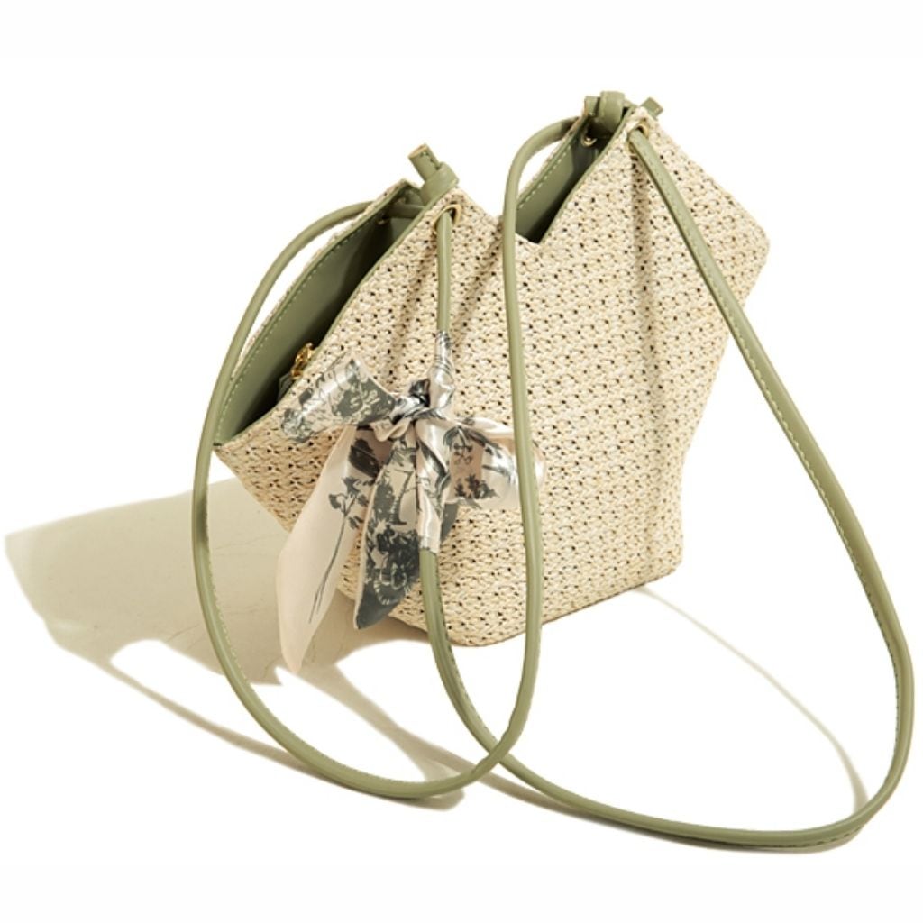 Scarf Decor Straw Woven Bucket Bag